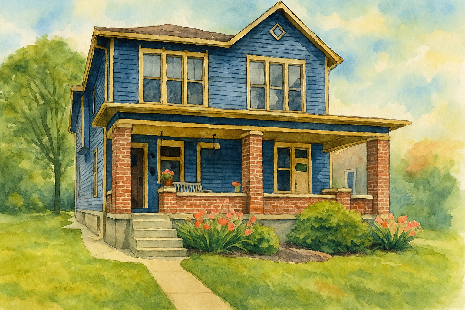Watercolor painting of a two-story blue house with a front porch, brick columns, and steps leading up to the entrance, surrounded by greenery and pink flowers.