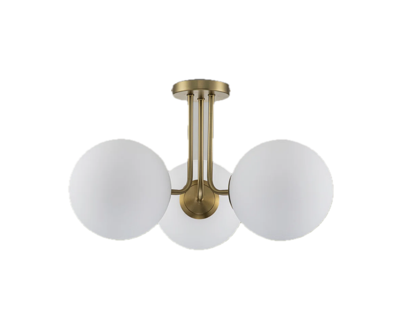 Modern chandelier with four spherical frosted glass globes and a brass finish, suspended from a ceiling mount.