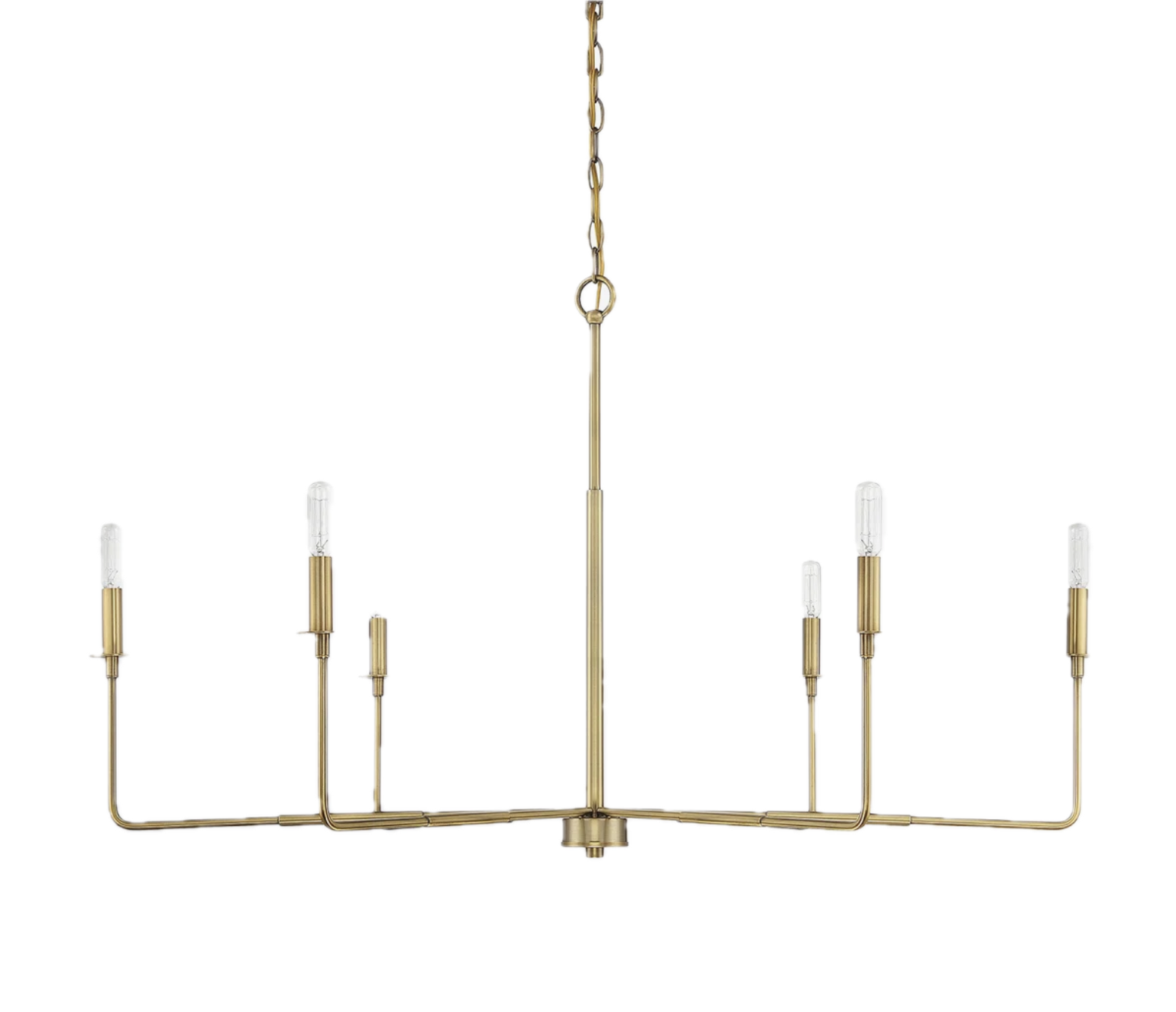 Modern gold chandelier with eight candle-style light bulbs suspended from a chain