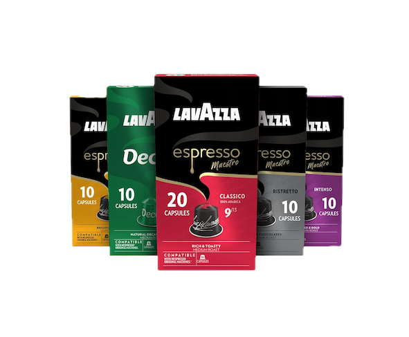 Five colorful boxes of Lavazza espresso capsules arranged in a line, each box indicating different flavors and capsule counts.