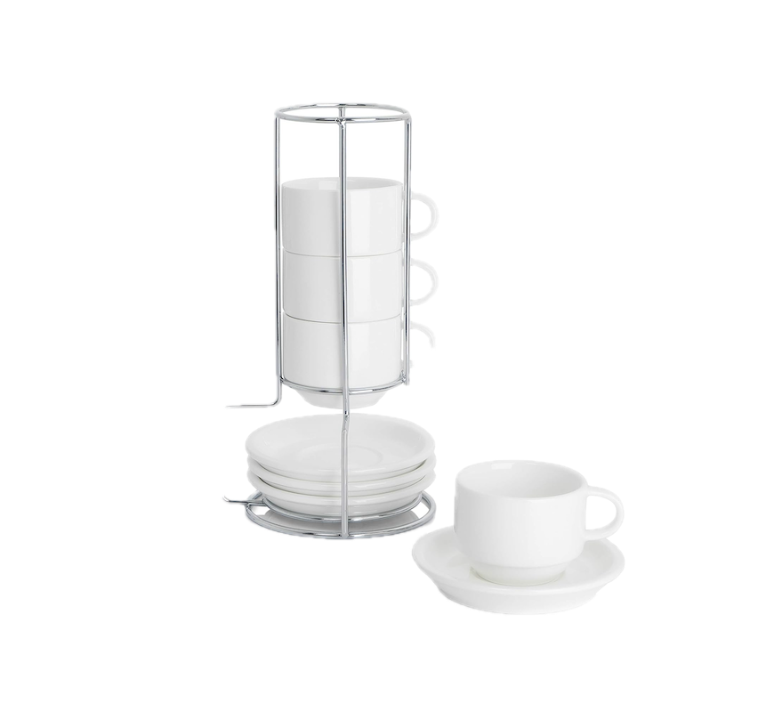 White cups on a clear rack with matching saucers, set against a plain background.