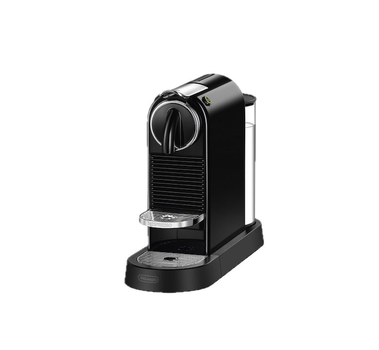 A black coffee machine with a silver control dial, a water reservoir on the right, and a drip tray at the bottom.