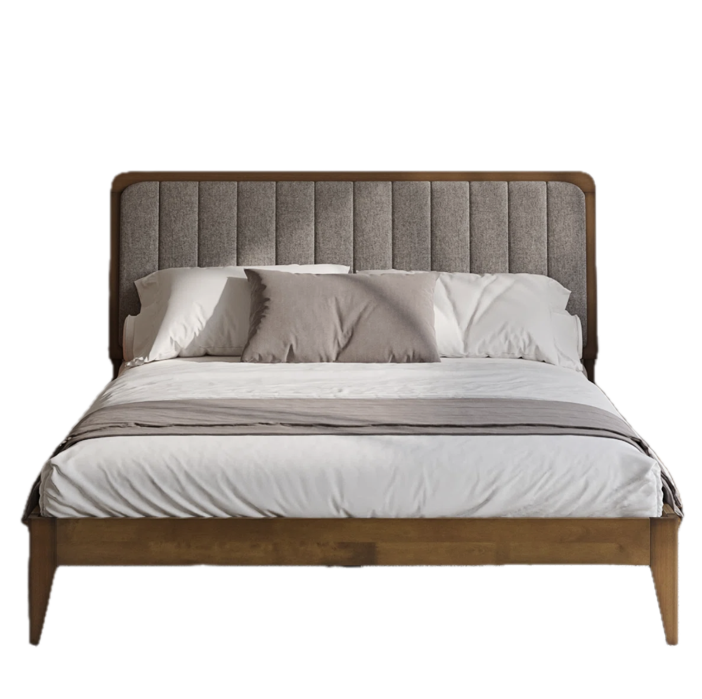 A neatly made bed with a wooden frame, upholstered headboard with padded gray fabric, white sheets, beige throw blanket, and a series of gray and white pillows.
