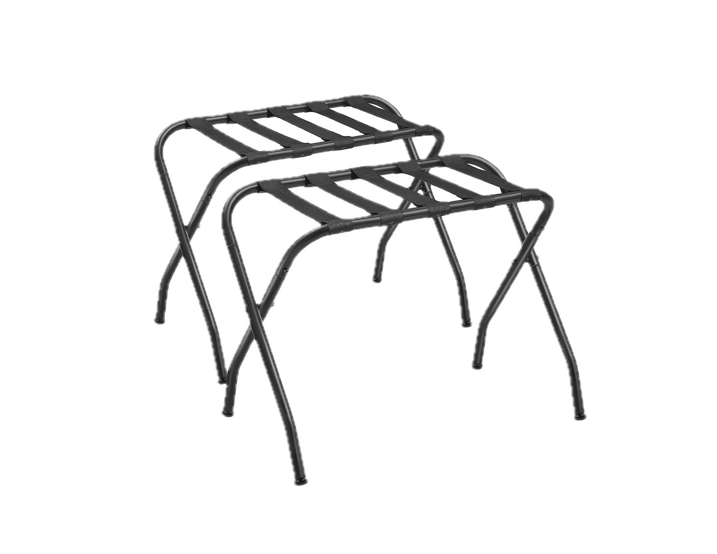 Two black luggage racks with metal frames and fabric straps, stacked one on top of the other.
