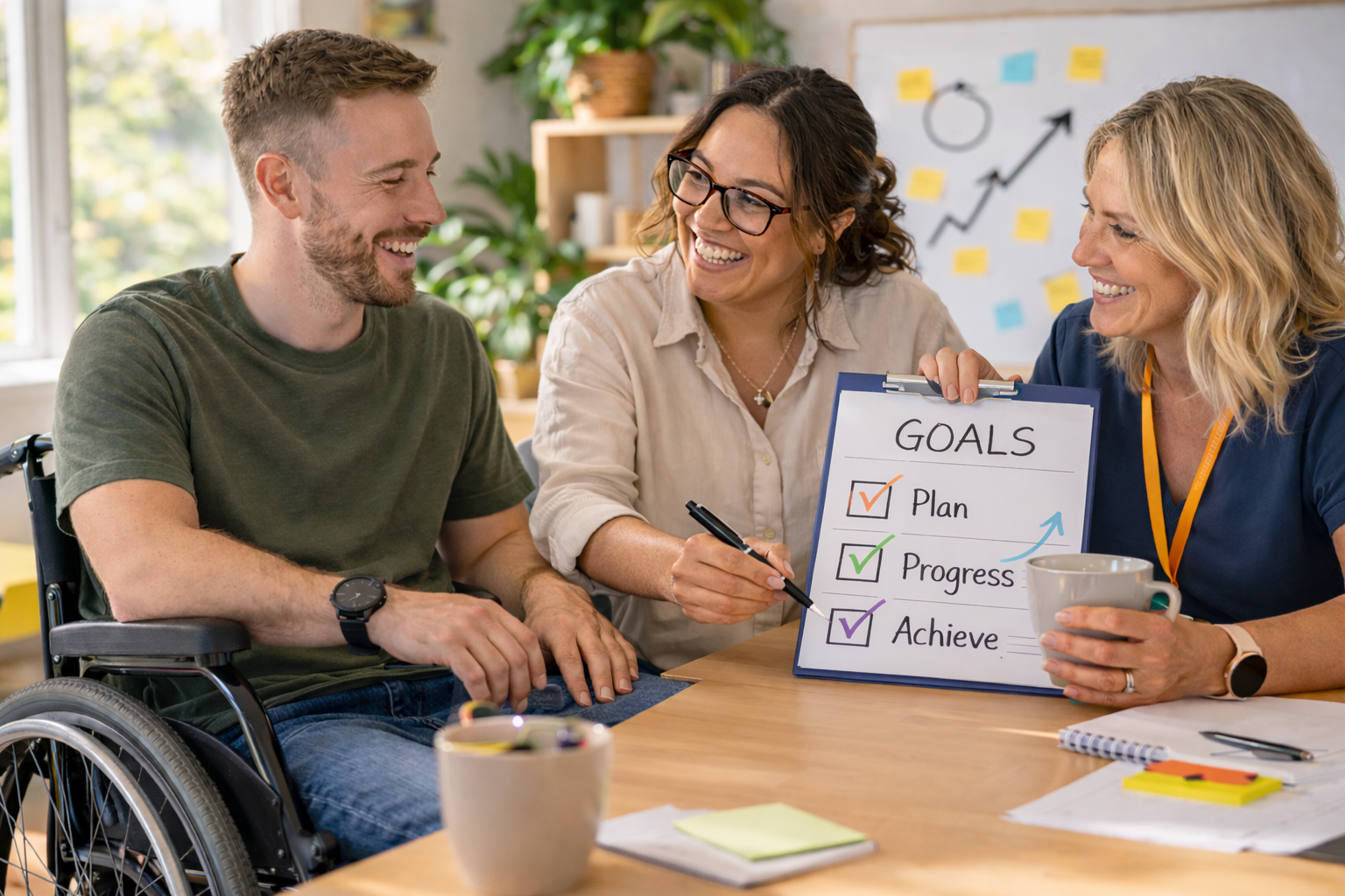 Three people smiling at a meeting, with a woman holding a clipboard that says 'Goals' with check marks next to 'Plan,' 'Progress,' and 'Achieve'.