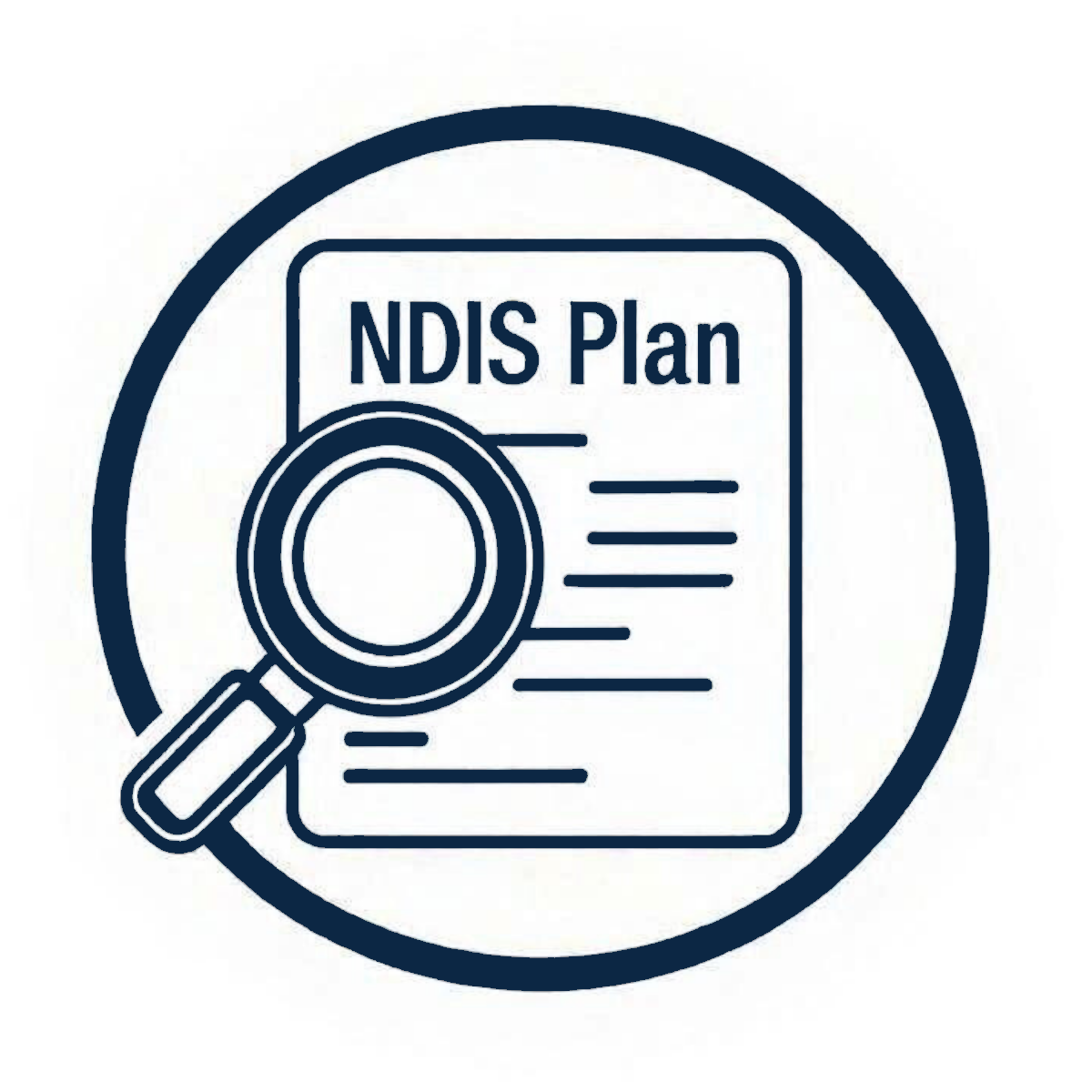 Icon representing a report titled 'NDIS Plan' with a magnifying glass symbol overlayed.