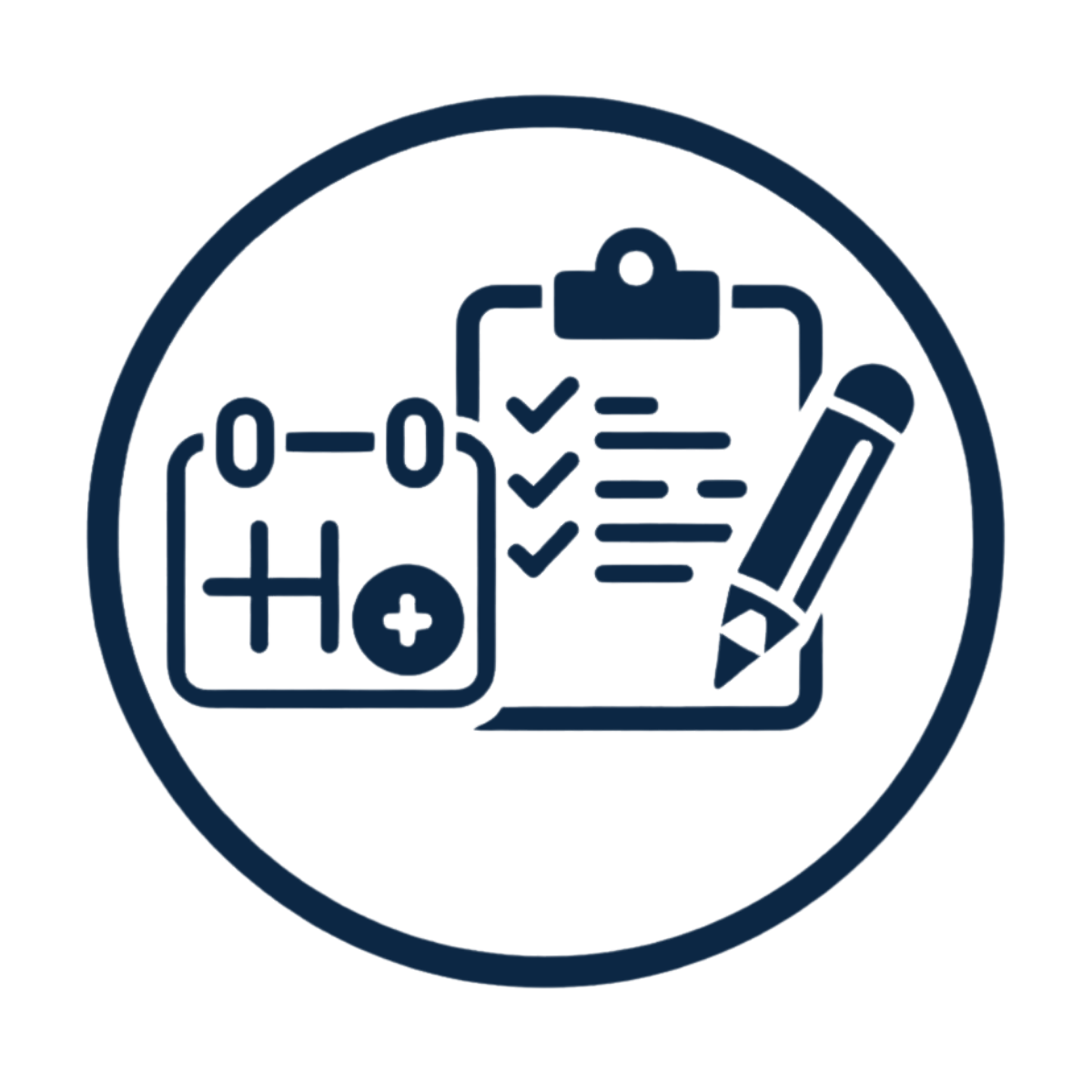 Icon of a clipboard with a checklist, a calculator, and a pen, representing medical or health record keeping and calculations.