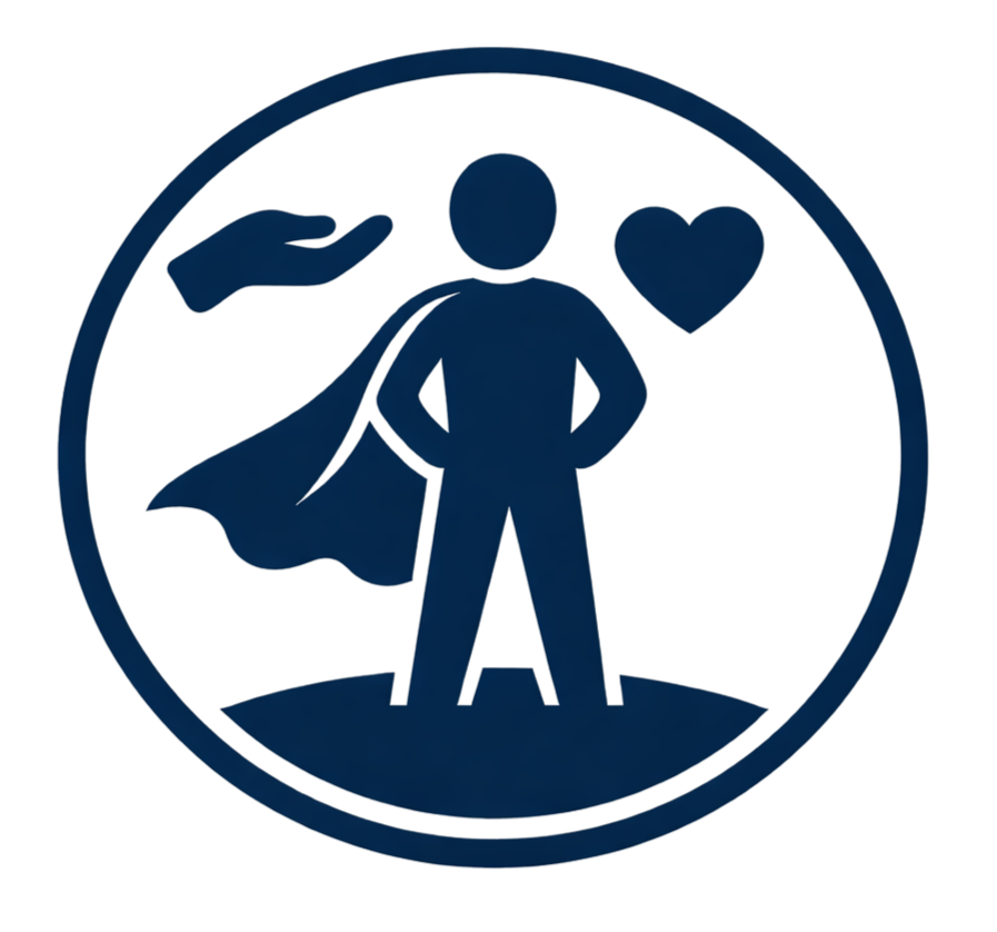 Icon of a person with a superhero cape, a hand holding a heart, and a person standing confidently inside a circle.