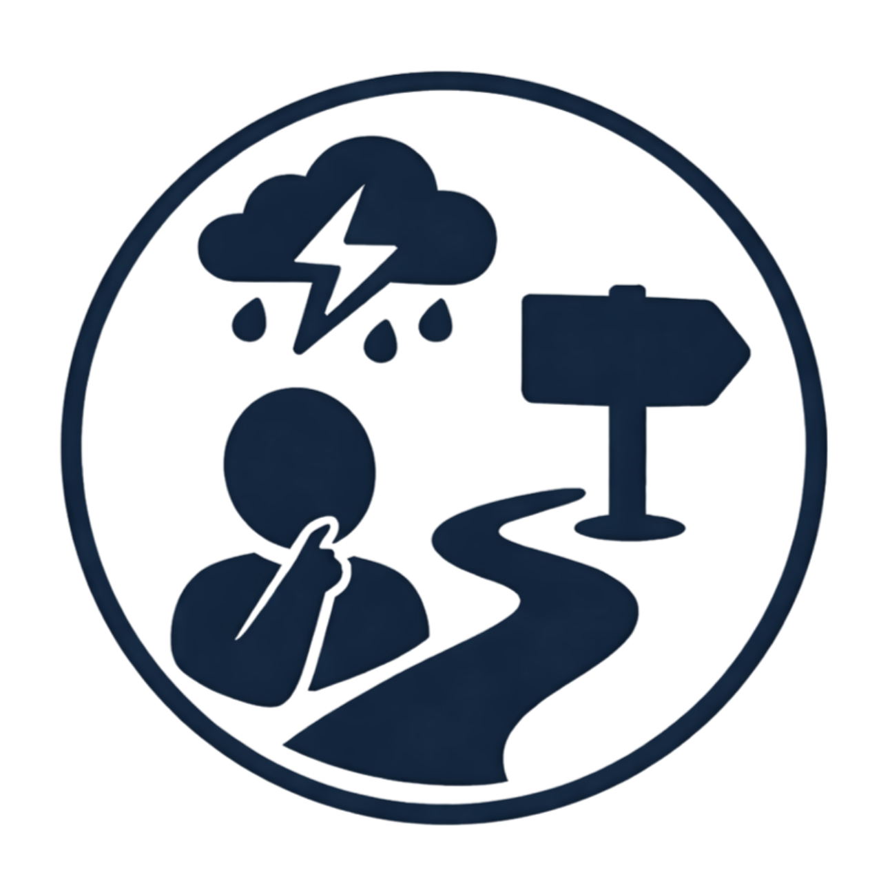 A circular icon featuring a person with a finger on their chin, a thought bubble with a cloud, rain, and lightning, and an arrow pointing right, representing problem-solving or decision-making.