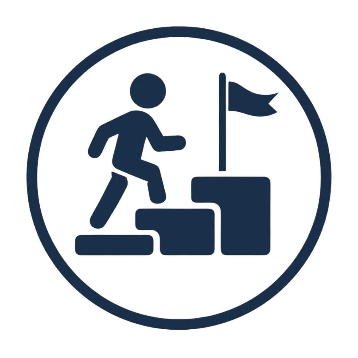 An icon of a person climbing stairs towards a door with a flag, signifying progression or achievement.
