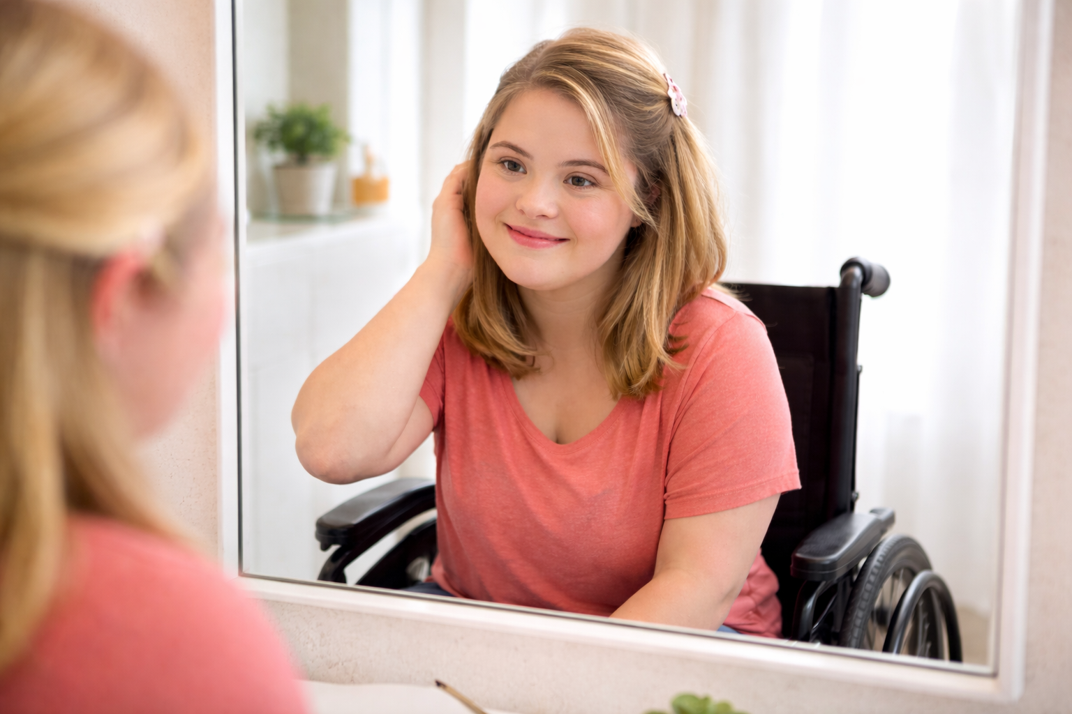 A young woman using a wheelchair smiles at her reflection in a mirror while adjusting her hair.