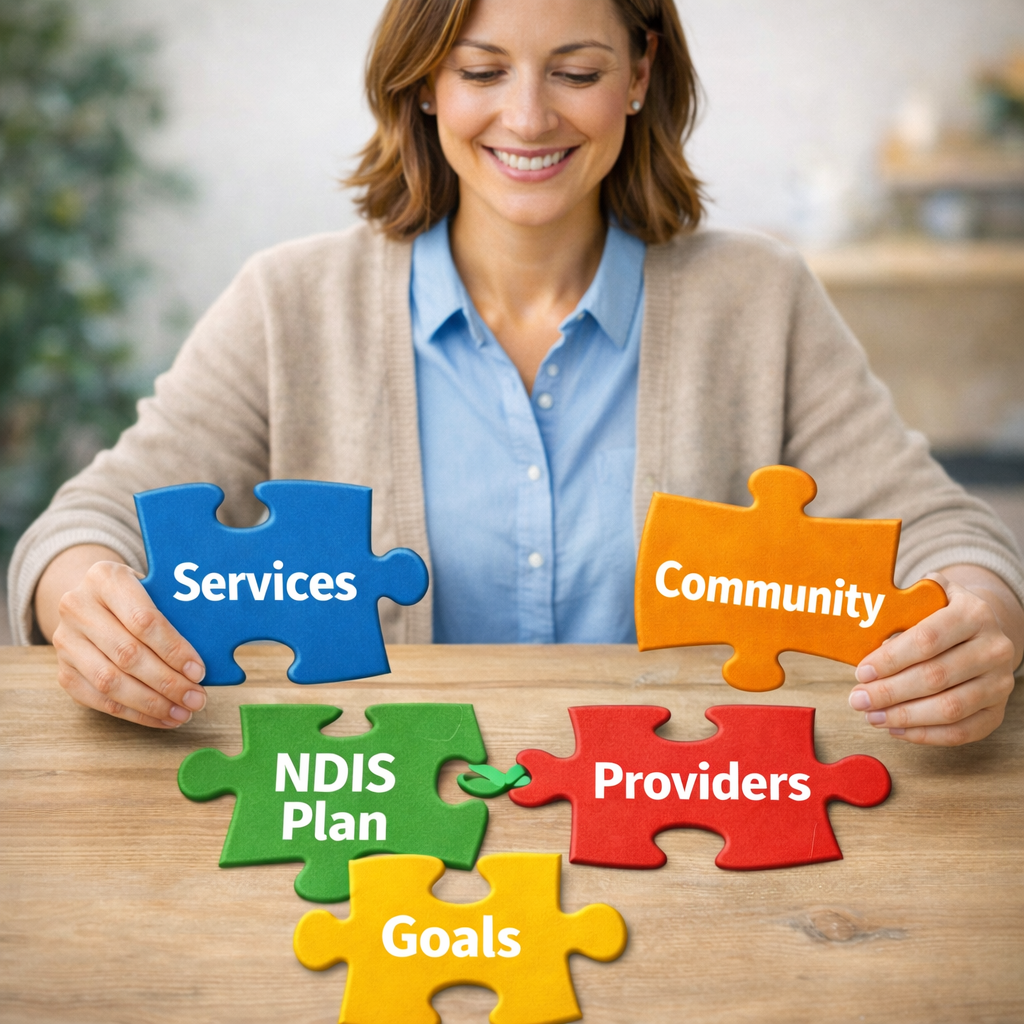 A woman arranging colorful puzzle pieces labeled Services, Community, NDIS Plan, Providers, and Goals.