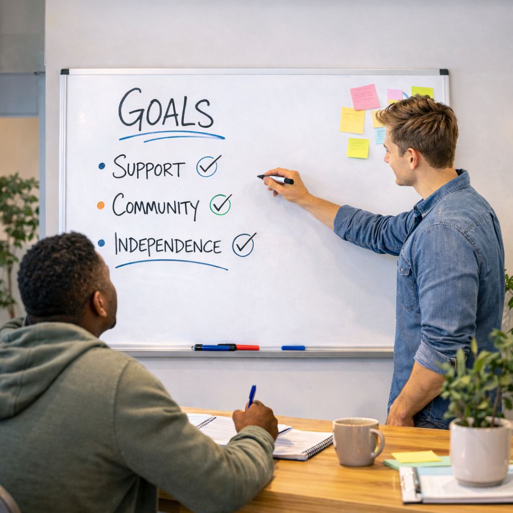 Two people discussing goals written on a whiteboard during a meeting.