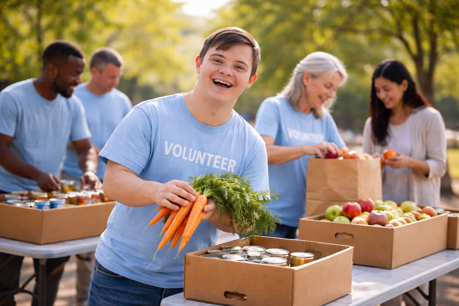 A smiling volunteer holding carrots while helping sort food donations with others outdoors.