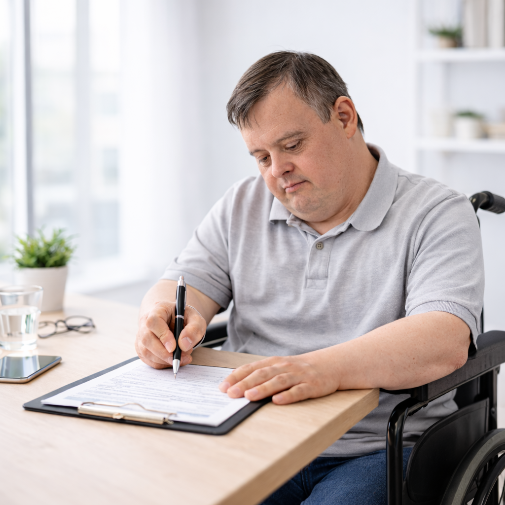 A man using a wheelchair filling out paperwork on a clipboard at a desk.