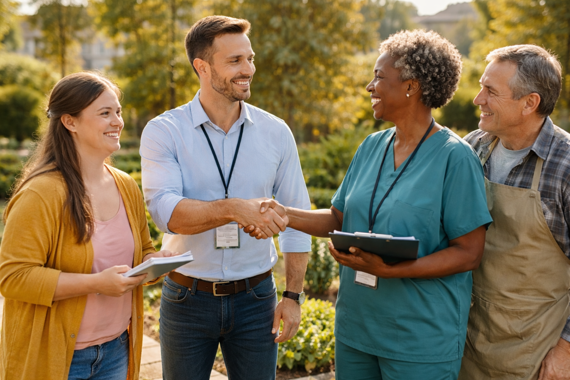 Four adults smiling outdoors in a garden as two of them shake hands, suggesting a friendly community or volunteer meeting.