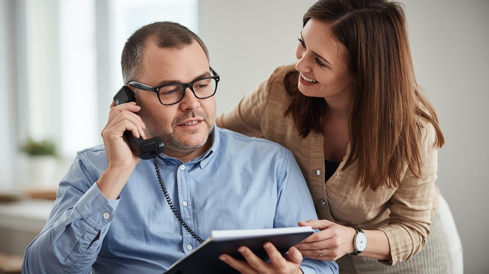 A man talking on the phone while holding a tablet as a woman beside him smiles and looks at the screen.