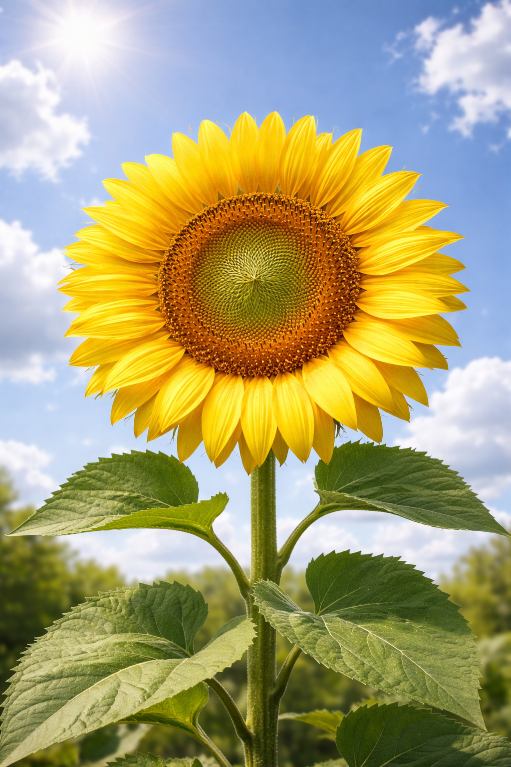A bright yellow sunflower in bloom standing tall under a sunny blue sky with scattered clouds.