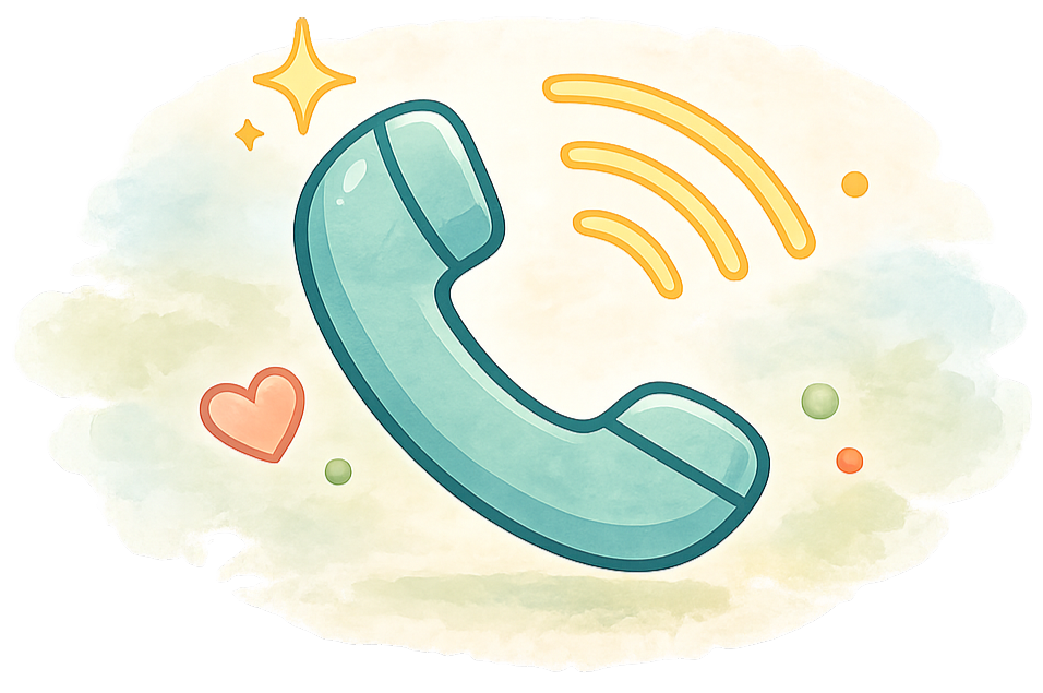 A cartoon illustration of a telephone receiver with sound waves, surrounded by a heart, stars, and colorful dots on a watercolor background.