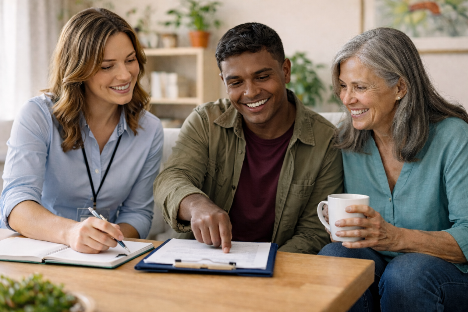 Three people sit together at a table reviewing a document, with a young Aboriginal man pointing at a clipboard while two women smile and take notes.