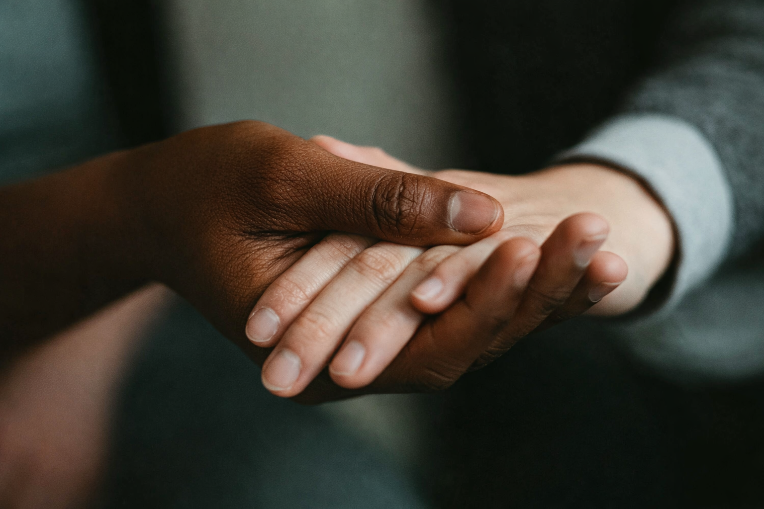 Close-up of two hands gently clasped together—one darker-skinned hand resting over a lighter-skinned hand—symbolizing care, support, and connection, with a softly blurred background.