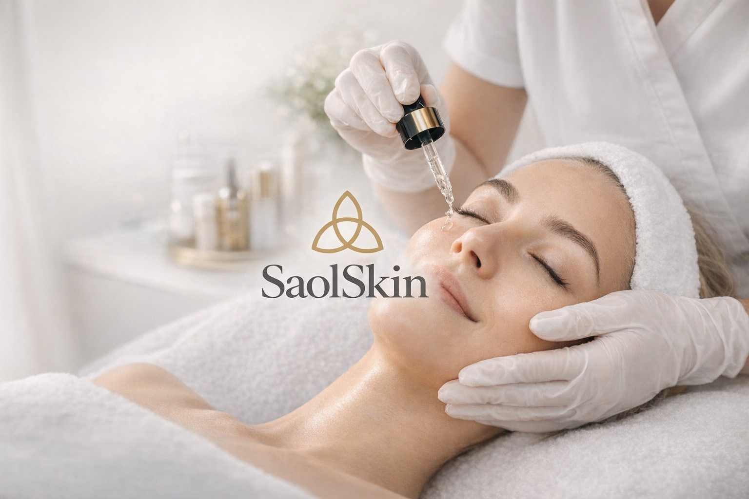 A woman receiving a facial treatment at a skincare clinic, with a skincare professional applying serum using a dropper. The logo 'SaoSkin' is overlayed on the image.