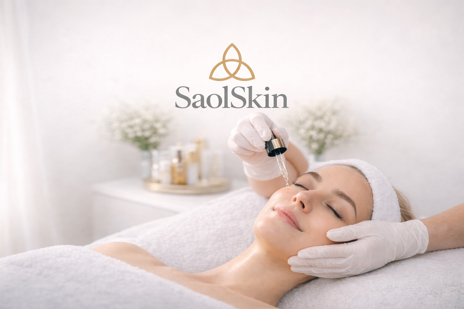A woman receiving a facial treatment with a dropper, in a spa-like setting with flowers and skincare products, logo overlay with the text SaolSkin