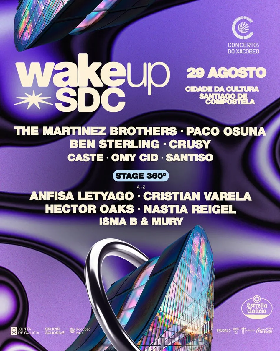 Cartel del evento Wake Up SDC con artistas en concierto en Santiago de Compostela, el 29 de agosto, en la Ciudad da Cultura, con lista de artistas y logotipos de patrocinadores.