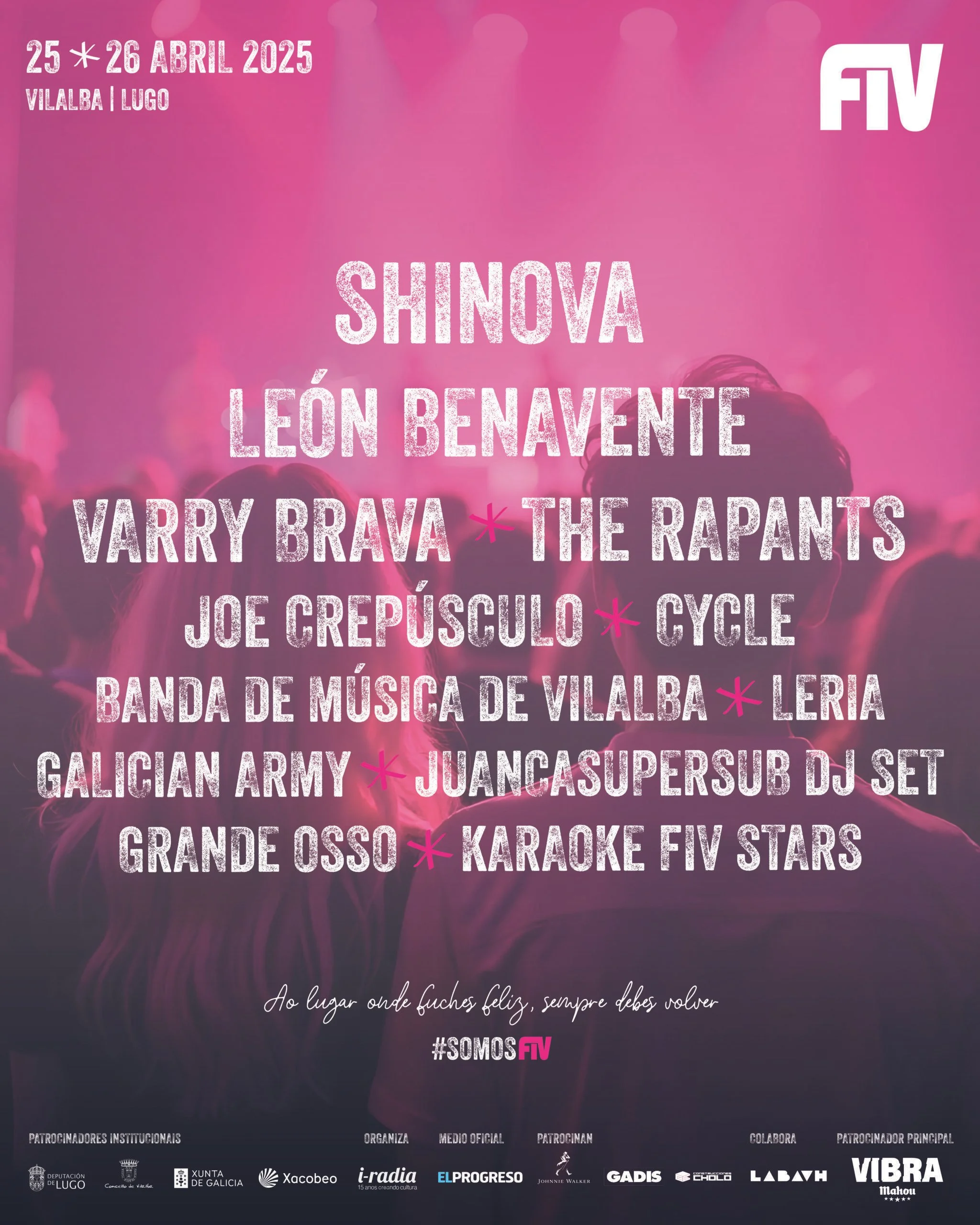 Cartel con fondo rosa y listas de artistas e información del evento en letras blancas y rosa, con logos en la parte inferior.