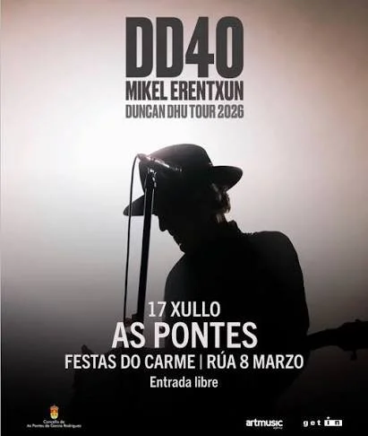 Cartel promocional de un concierto con la silueta de un cantante con sombrero y micrófono. Incluye información de la fecha, lugar y artistas del evento.