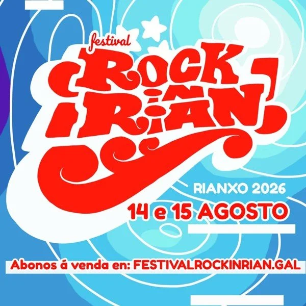 Cartel del festival Rock Irán 2026 en Rianxo, que se celebra los días 14 y 15 de agosto, con detalles sobre la venta de abonos en la página web del festival.