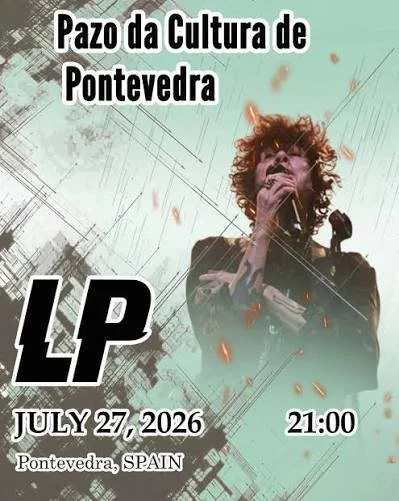 Publicidad para un evento en Pazo da Cultura de Pontevedra, con una imagen de un cantante con micrófono y detalles en negro y verde, programado para el 27 de julio de 2026 a las 21:00 horas en Pontevedra, España.