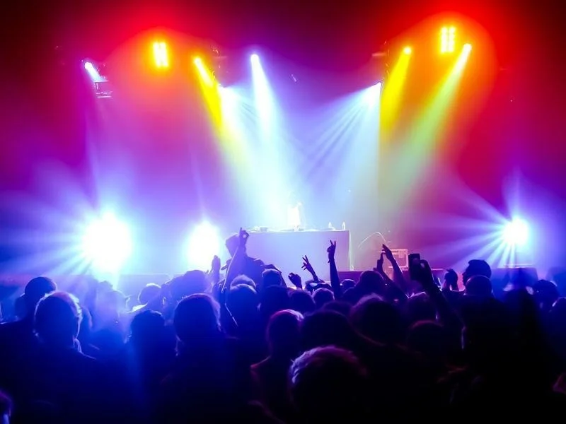 Escenario de concierto con luces de colores y público bailando.