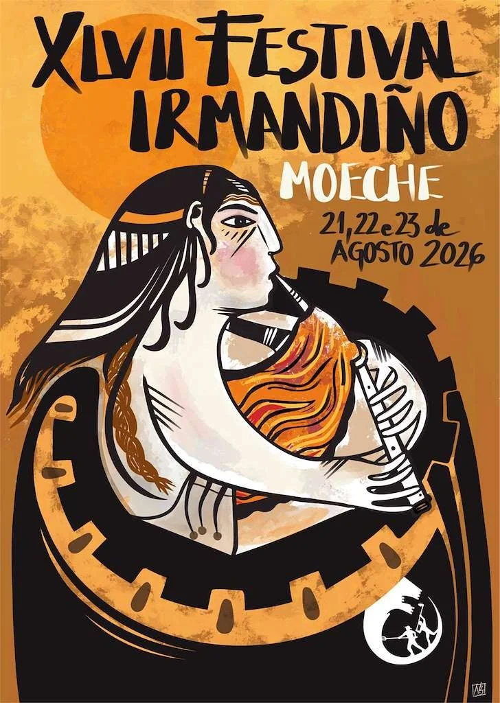 Cartel del XVIII Festival Irmandiño en Moaña, con ilustración de una mujer tocando una flauta, en tonos anaranjados, negros y blancos, con fechas del 21 al 23 de agosto de 2016.