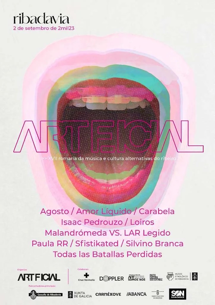 Panfleto con fondo blanco, exhibe un dibujo de una boca grande y colorida, con letras grandes que dicen 'ARTFICIAL', y detalles sobre un evento cultural llamado 'Ribadavia' que se realiza el 2 de septiembre de 2023, con una lista de artistas y organizaciones colaboradoras.