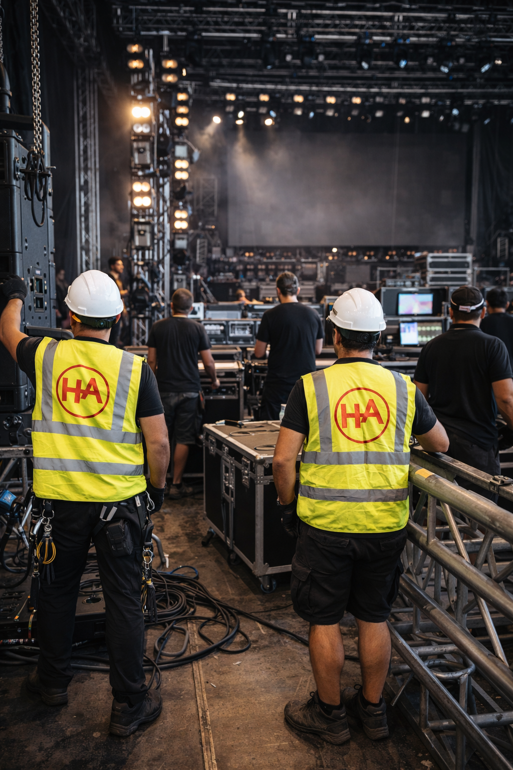 Personal de producción en un concierto, con cascos de seguridad y chalecos amarillos, supervisando la preparación del escenario con equipos de sonido y luces.