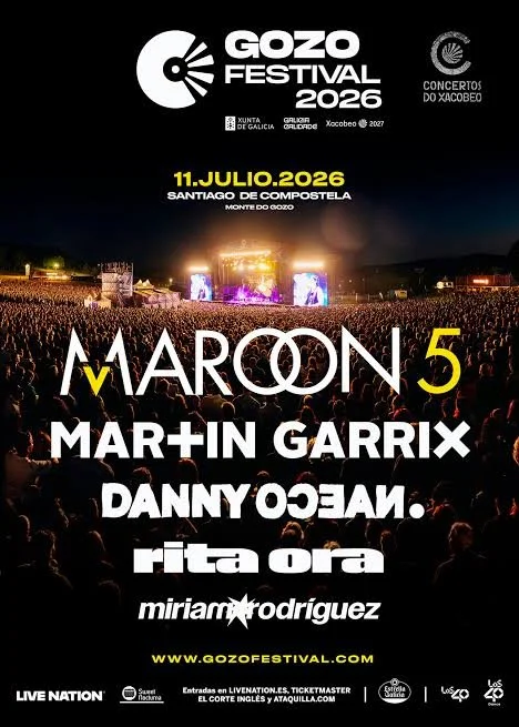Cartel del festival Gozo 2026 con fecha 11 de julio en Santiago de Compostela, monte do Gozo, con imagen de un concierto con una multitud y escenario iluminado.