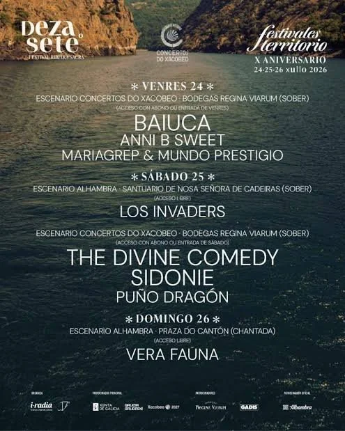 Programa del Festival de Thrillero 2026 en Arousa, Galicia, con detalles del calendario y artistas como Baiuca, Anni B Sweet, Mariagrepp, Mundo Prestigio, Los Invaders, Sidonie, Puno Dragón y Vera Fauna, con fondo de un paisaje marítimo con agua y costa rocosa.