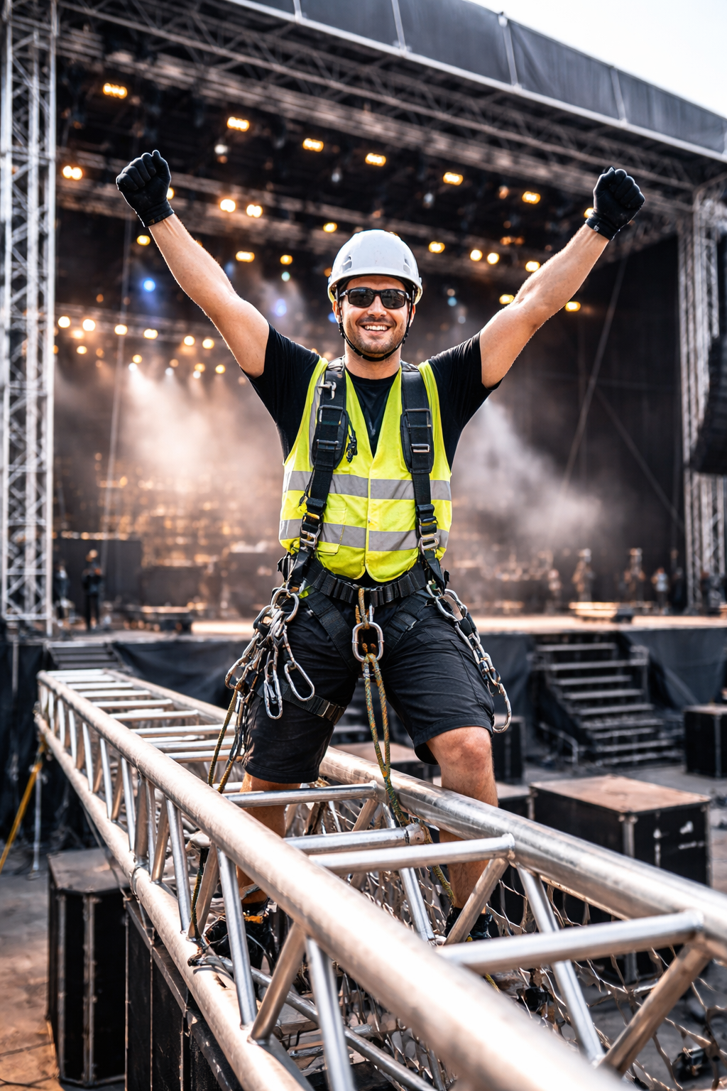 Hombre sonriendo con casco, gafas y equipo de seguridad en un escenario de concierto, con brazos en alto y fondo de luces y escenario iluminado.