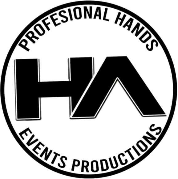 Logotipo circular con las palabras 'Profesional Hands' en la parte superior y 'Events Productions' en la parte inferior, y las letras grandes 'PHA' en el centro.