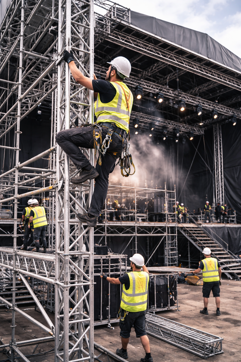 Trabajadores ensamblando andamios de metal en un escenario para concierto, algunos subiendo y otros asegurando la estructura, todos con cascos y chalecos reflectantes.