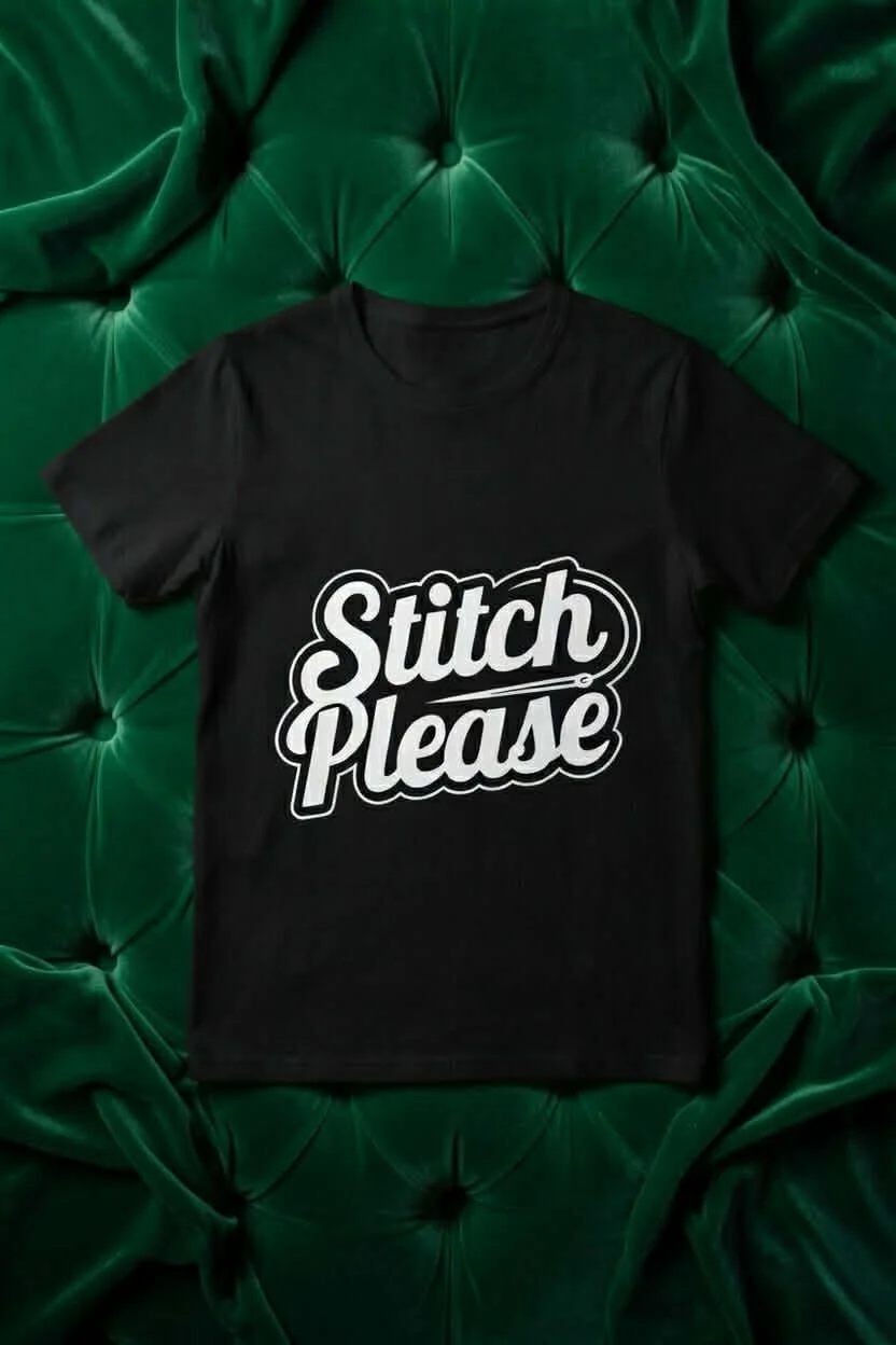 A black T-shirt with the phrase "Stitch Please" written in bold, stylized white letters, laid out on a green, plush, tufted fabric surface.