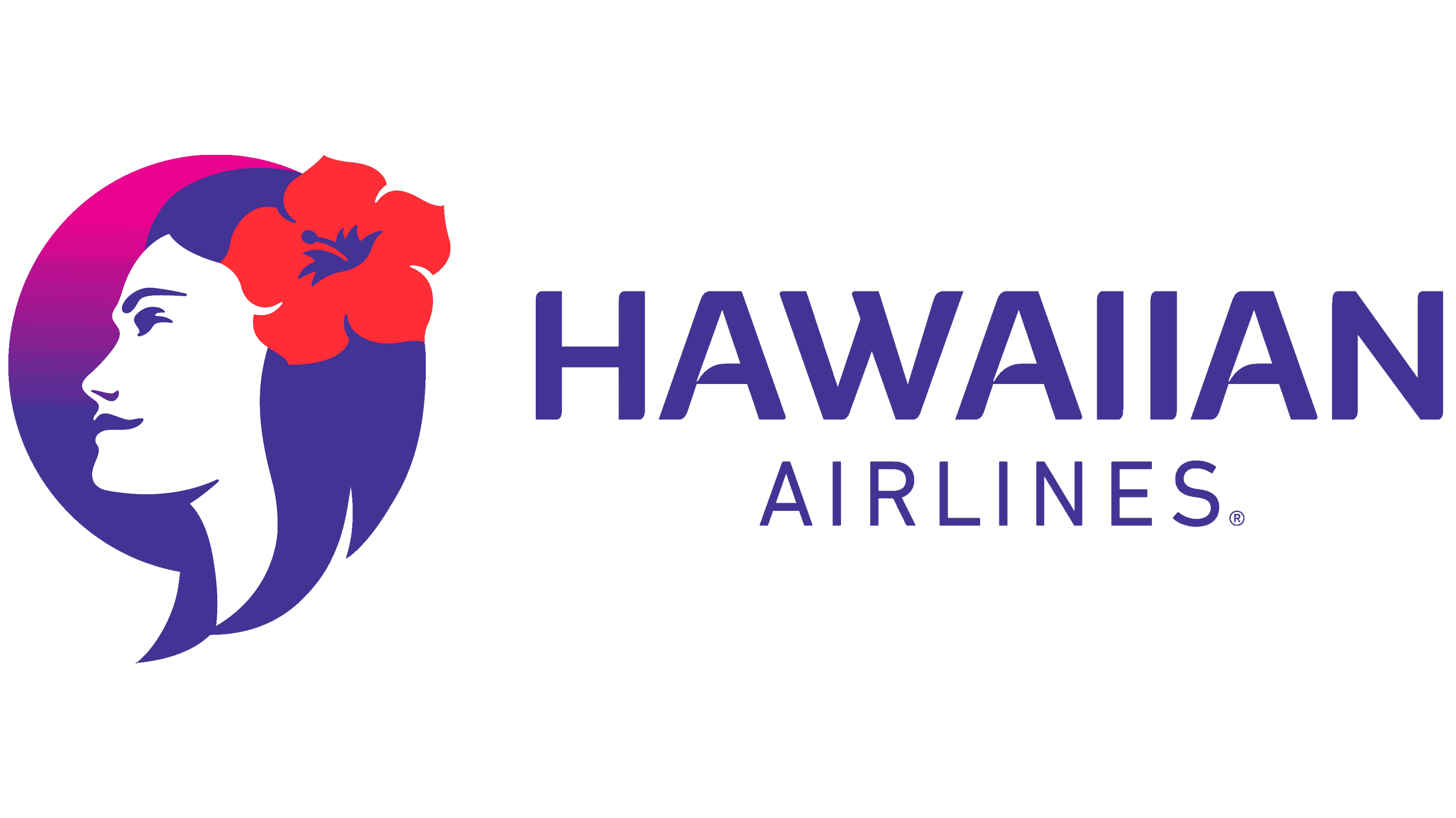 Hawaiian Airlines logo featuring a stylized profile of a woman's face with purple hair and a red hibiscus flower, accompanied by the text Hawaiian Airlines.
