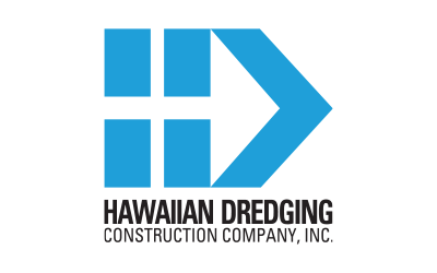 Logo of Hawaiian Dredging Construction Company, Inc., featuring blue geometric shapes and a black arrow, with the company name underneath.