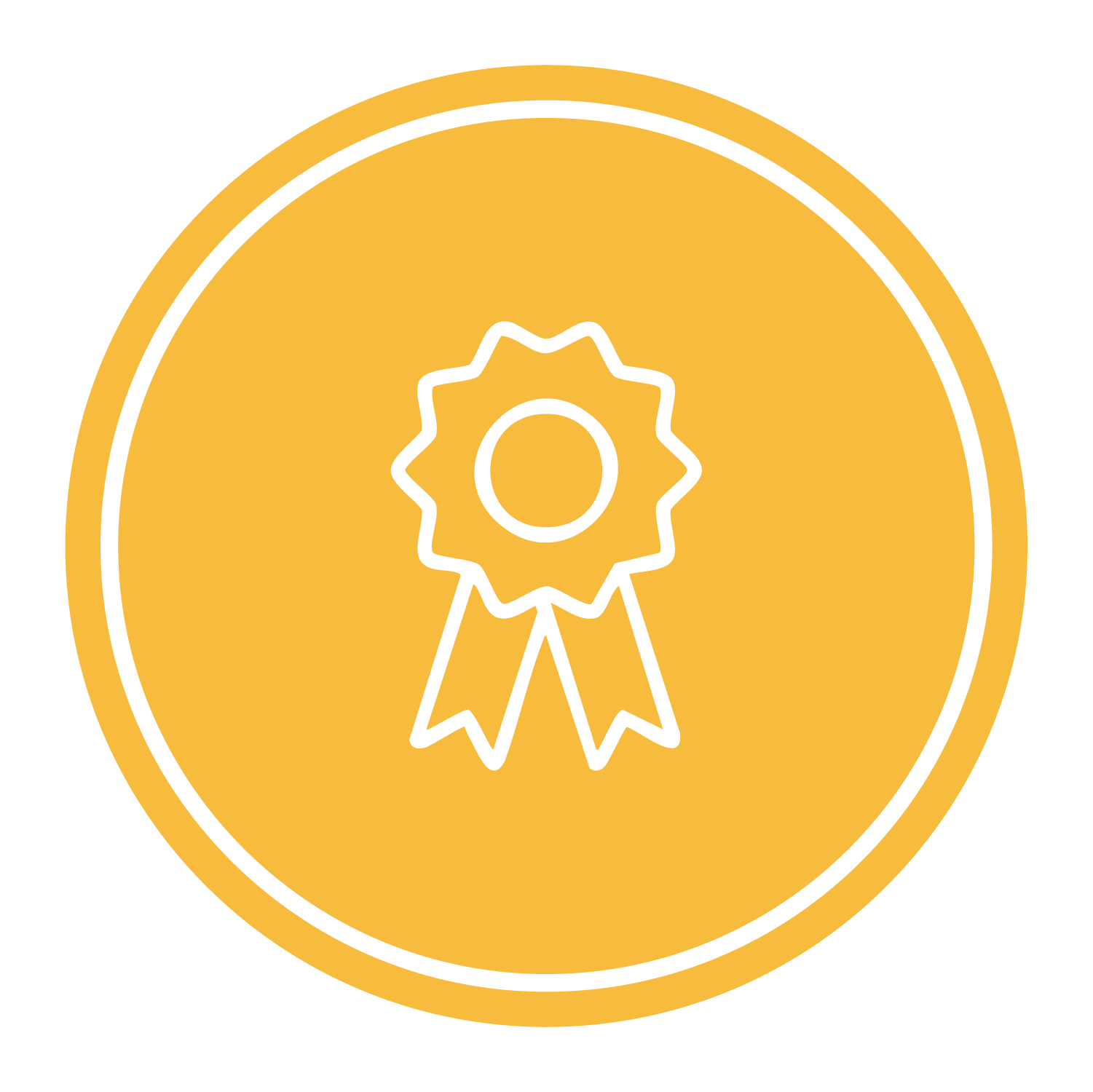 Gold medal with a white outline of a ribbon.