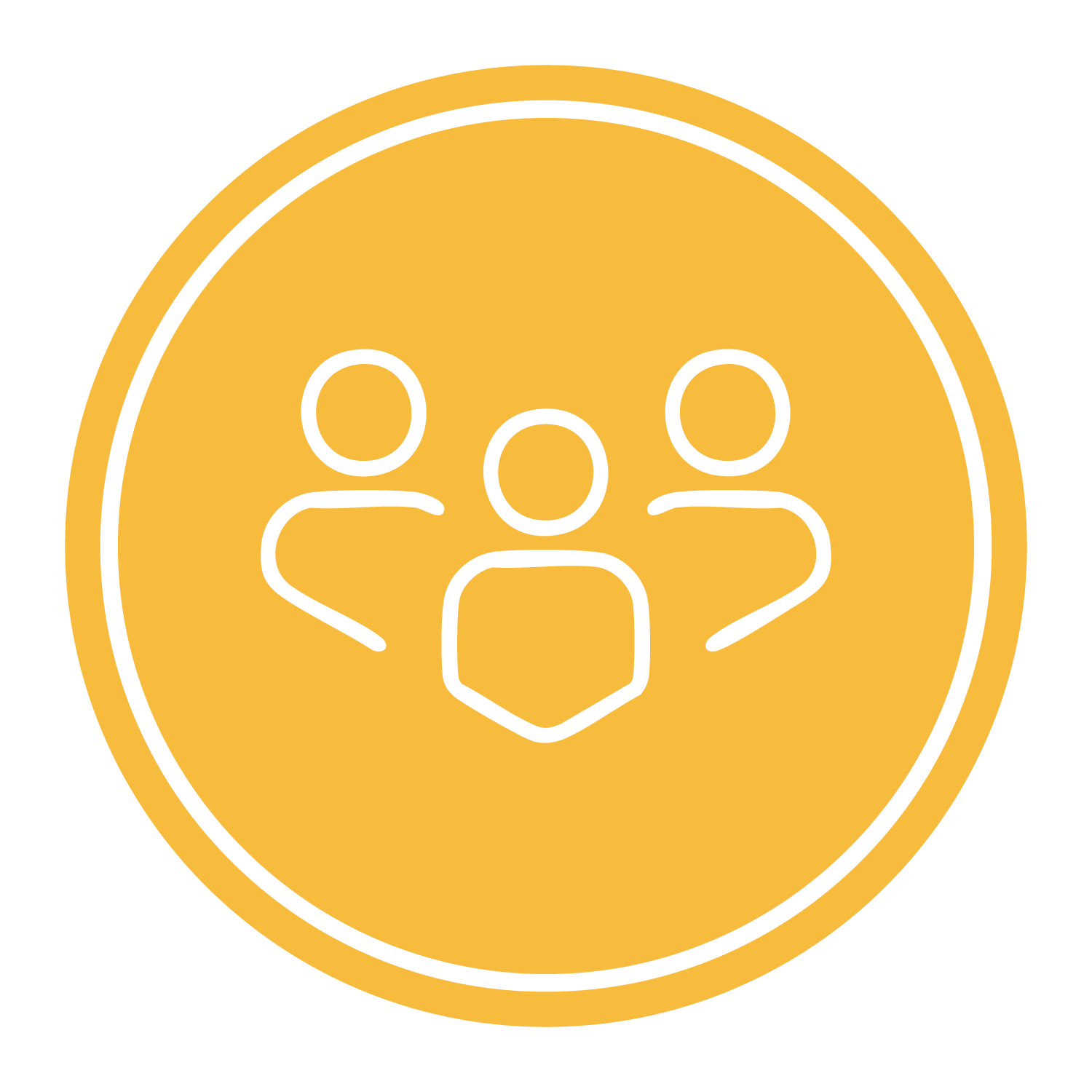 Icon of three people outlined in white inside a yellow circular background, resembling a team or community symbol.