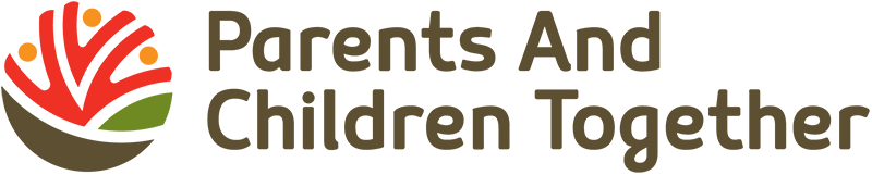 Logo of Parents And Children Together, featuring a stylized tree with red branches, black trunk, and a green grass base, with the text 'Parents And Children Together' beside it.