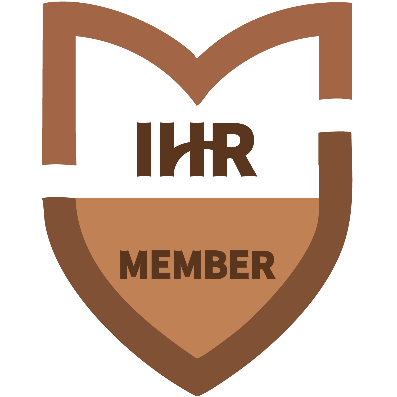 HR member badge featuring a shield with brown tones and the words 'HR' and 'MEMBER' in black text.