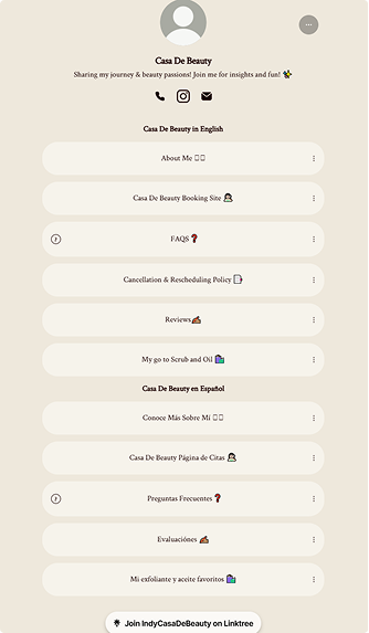 Before website design showing original linktree menu that is overwhelming and cluttered.