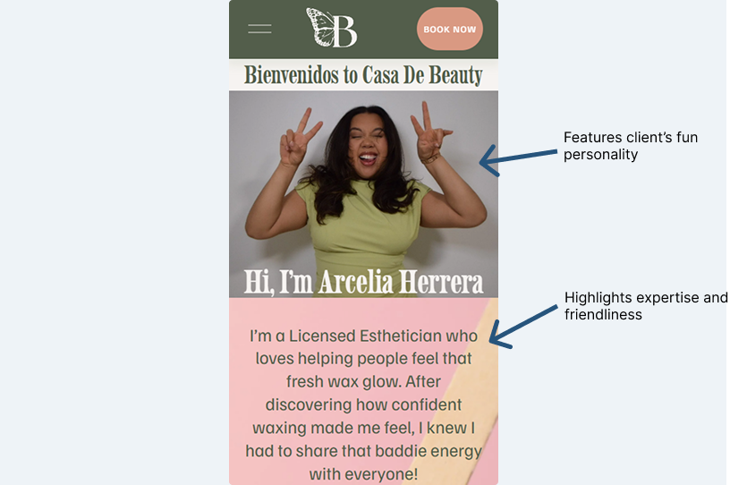 After website design showcasing client's fun personality and highlighting her expertise and friendliness.